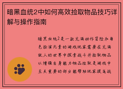 暗黑血统2中如何高效捡取物品技巧详解与操作指南